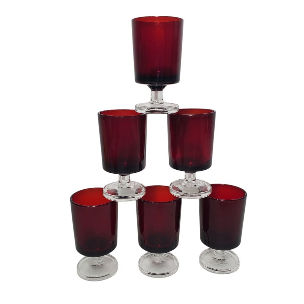 6 Crystal D’Arques Durand Ruby Red Luminarc Arcoroc Footed Shot Glasses France